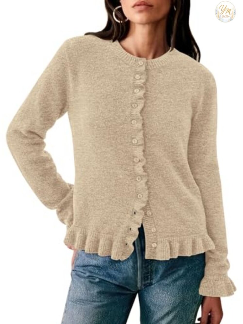 Women's Chunky Knit Cropped Cardigan Sweater Long Sleeve Crew Neck Ruffle